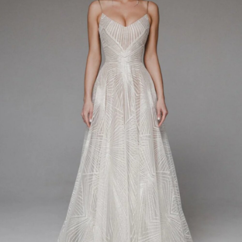 Lemalaya Vela Dress, Off-White Embroidered Floor Length Gown, New, size M